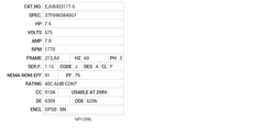 EJMM3311T-5 Baldor AC Motors Nameplate