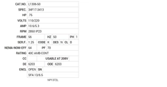 L1306-50 Baldor AC Motors Nameplate