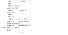 EM7170T-5 Baldor AC Motors Nameplate