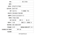 EM7170T Baldor AC Motors Nameplate
