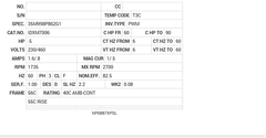 IDXM7006 Baldor AC Motors Nameplate