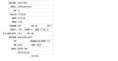 VEL11304 Baldor AC Motors Nameplate