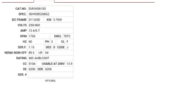 EMVM3615D Baldor AC Motors Nameplate