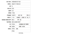 VEBM3615T-5D Baldor AC Motors Nameplate