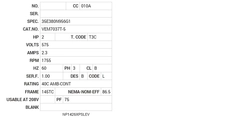 VEM7037T-5 Baldor AC Motors Nameplate