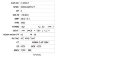 EL3606T Baldor AC Motors Nameplate