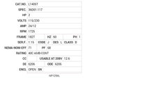 L1405T Baldor AC Motors Nameplate
