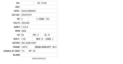 CEM7075T Baldor AC Motors Nameplate