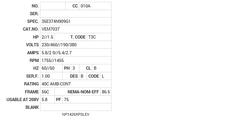 VEM7037 Baldor AC Motors Nameplate
