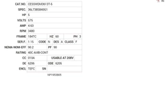 CESSWDM3613T-5 Baldor AC Motors Nameplate