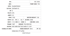 EM7044T-I-5 Baldor AC Motors Nameplate