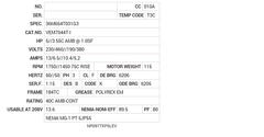 VEM7044T-I Baldor AC Motors Nameplate