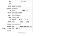 VEM7014 Baldor AC Motors Nameplate
