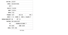 L3510T Baldor AC Motors Nameplate